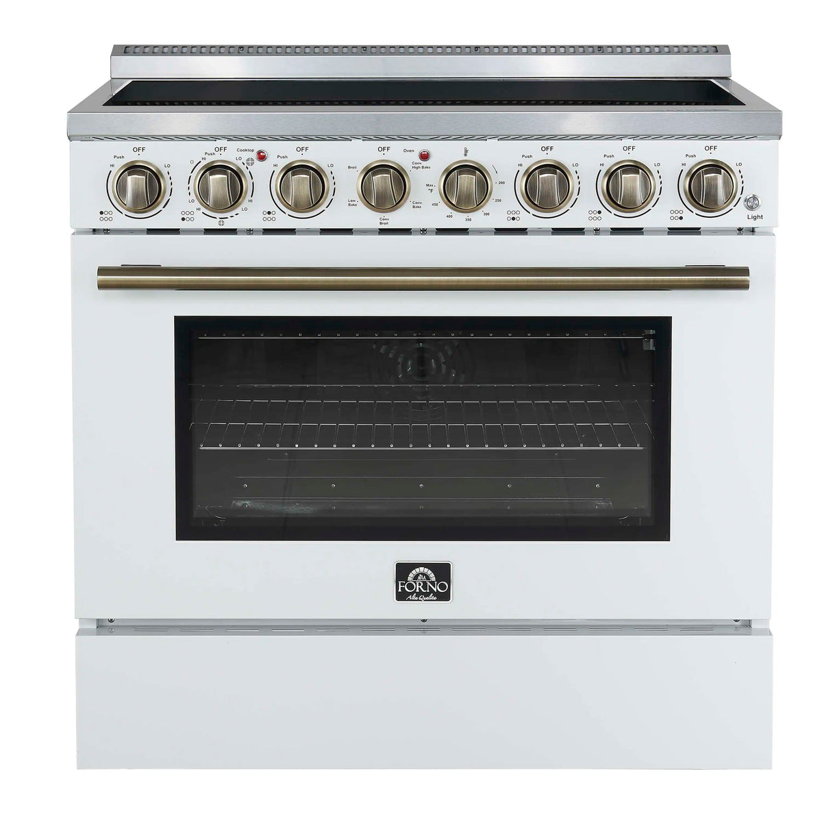 Forno 5-Piece Appliance Package - 36-Inch Electric Range, Wall Mount Range Hood, 36-Inch Refrigerator, Dishwasher, and 30-Inch Microwave Drawer in White with Antique Brass Trim