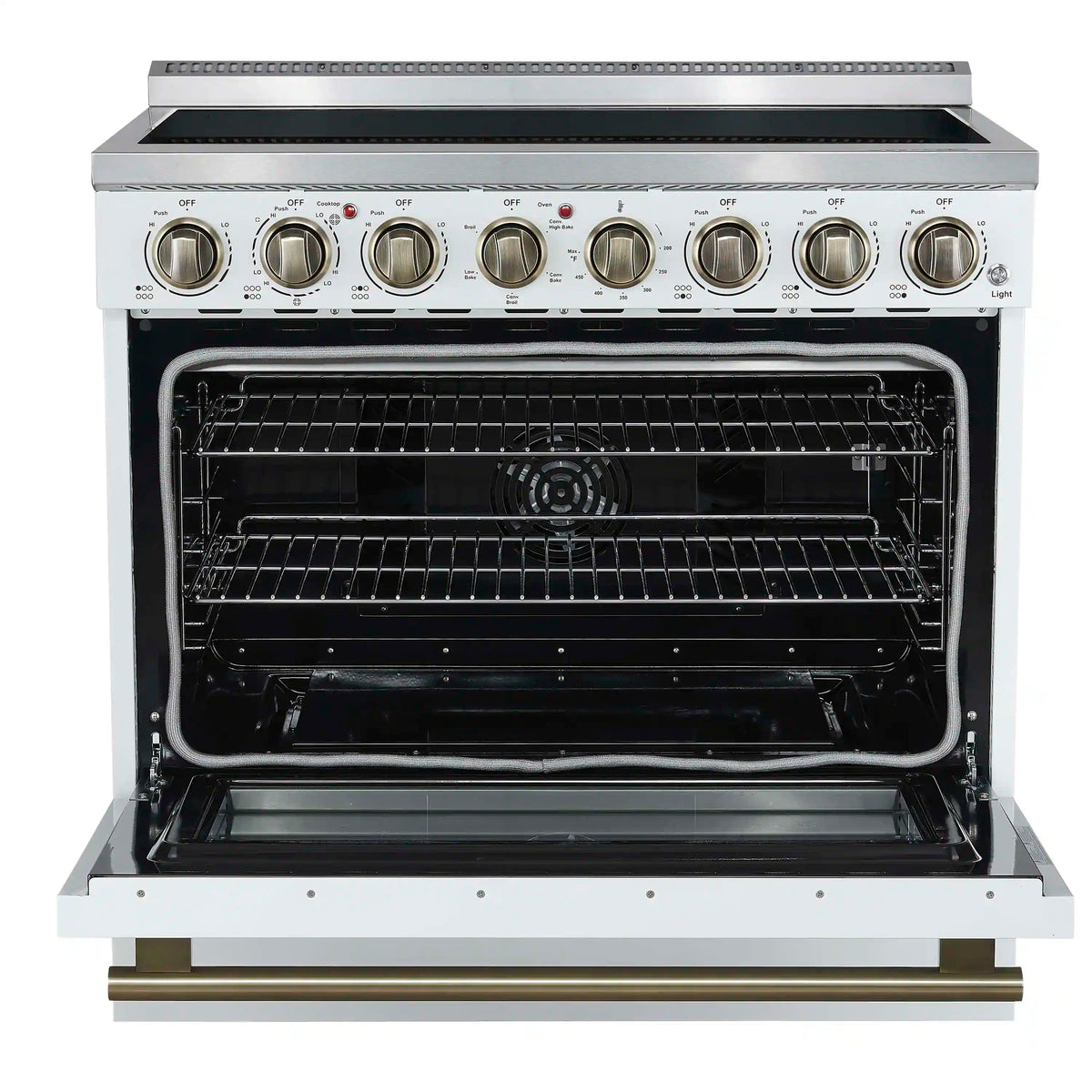 Forno 5-Piece Appliance Package - 36-Inch Electric Range, Wall Mount Range Hood, 36-Inch Refrigerator, Dishwasher, and 30-Inch Microwave Drawer in White with Antique Brass Trim