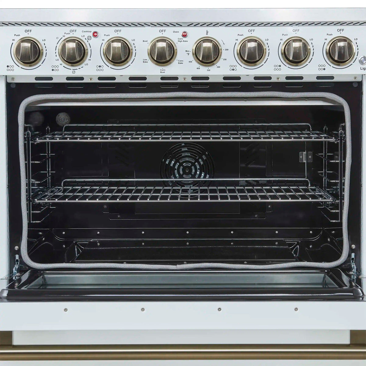 Forno 5-Piece Appliance Package - 36-Inch Electric Range, Wall Mount Range Hood, 36-Inch Refrigerator, Dishwasher, and 30-Inch Microwave Drawer in White with Antique Brass Trim