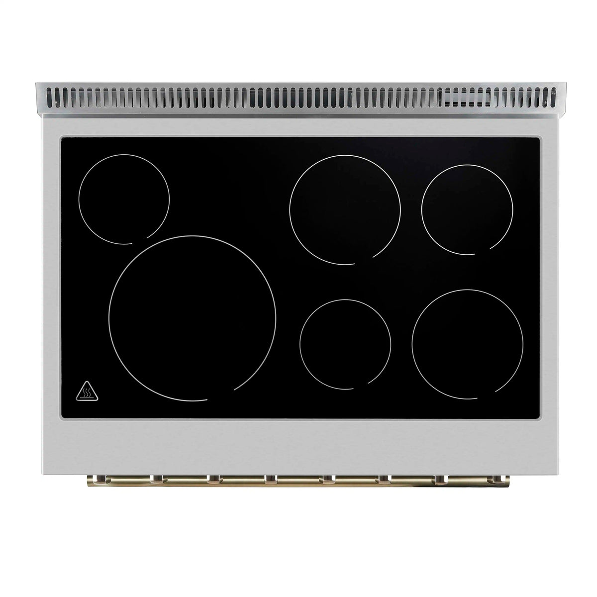 Forno 5-Piece Appliance Package - 36-Inch Electric Range, Wall Mount Range Hood, 36-Inch Refrigerator, Dishwasher, and 30-Inch Microwave Drawer in White with Antique Brass Trim