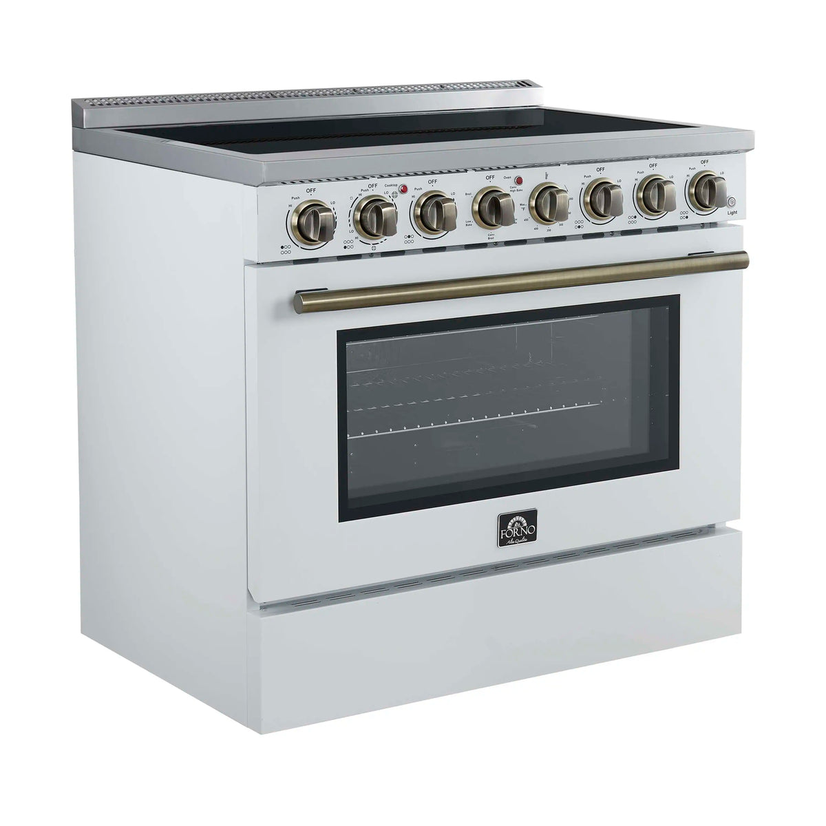 Forno 5-Piece Appliance Package - 36-Inch Electric Range, Wall Mount Range Hood, 36-Inch Refrigerator, Dishwasher, and 30-Inch Microwave Drawer in White with Antique Brass Trim