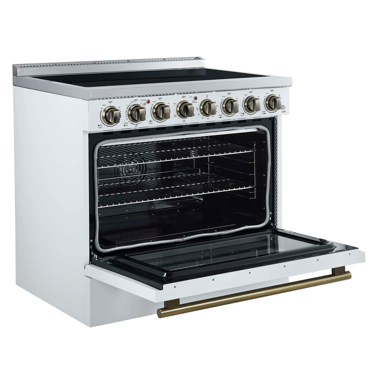 Forno 5-Piece Appliance Package - 36-Inch Electric Range, Wall Mount Range Hood, 36-Inch Refrigerator, Dishwasher, and 30-Inch Microwave Drawer in White with Antique Brass Trim