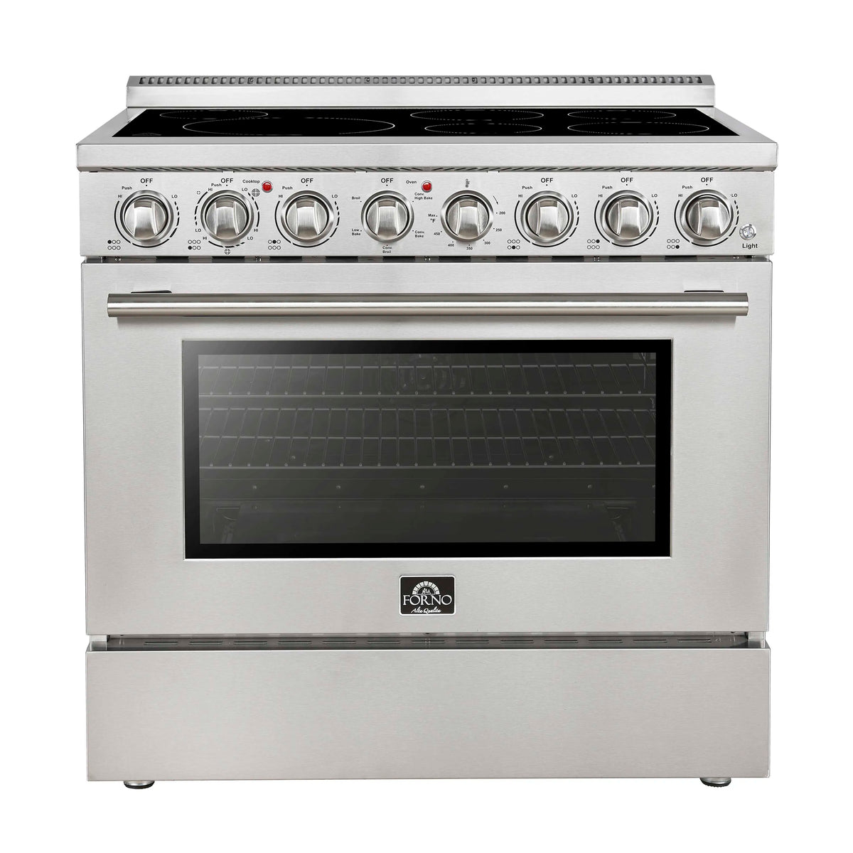 Forno 5-Piece Appliance Package - 36-Inch Electric Range, Wall Mount Range Hood, 60-Inch Refrigerator, Dishwasher, and 24-Inch Microwave Oven in Stainless Steel