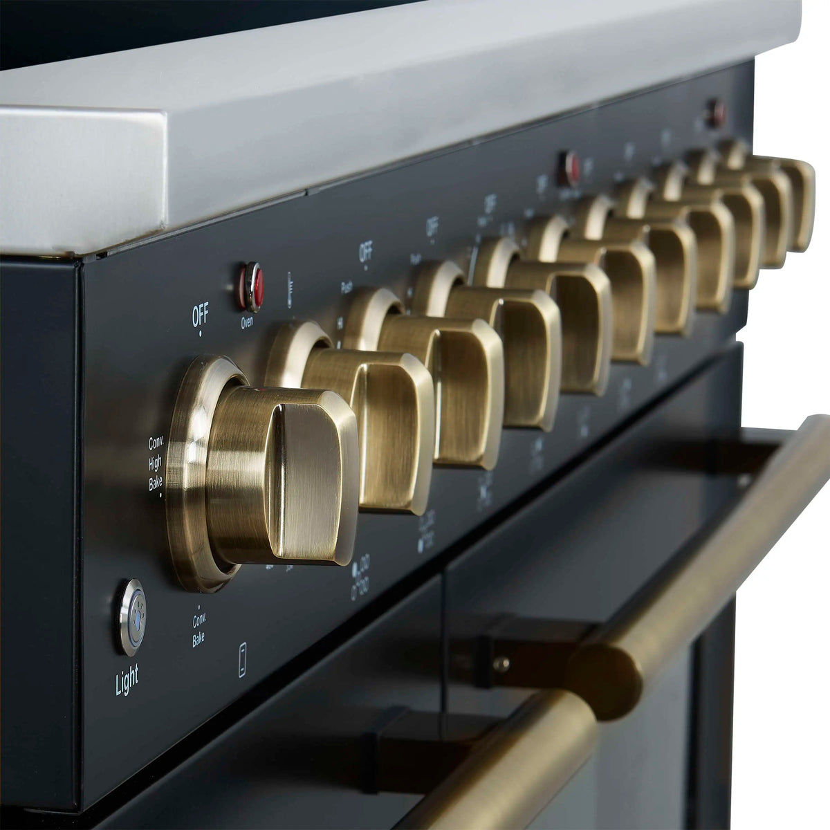Forno 5-Piece Appliance Package - 48-Inch Electric Range, Wall Mount Range Hood, 36-Inch Refrigerator, Dishwasher, and 24-Inch Microwave Drawer in Black with Antique Brass Trim