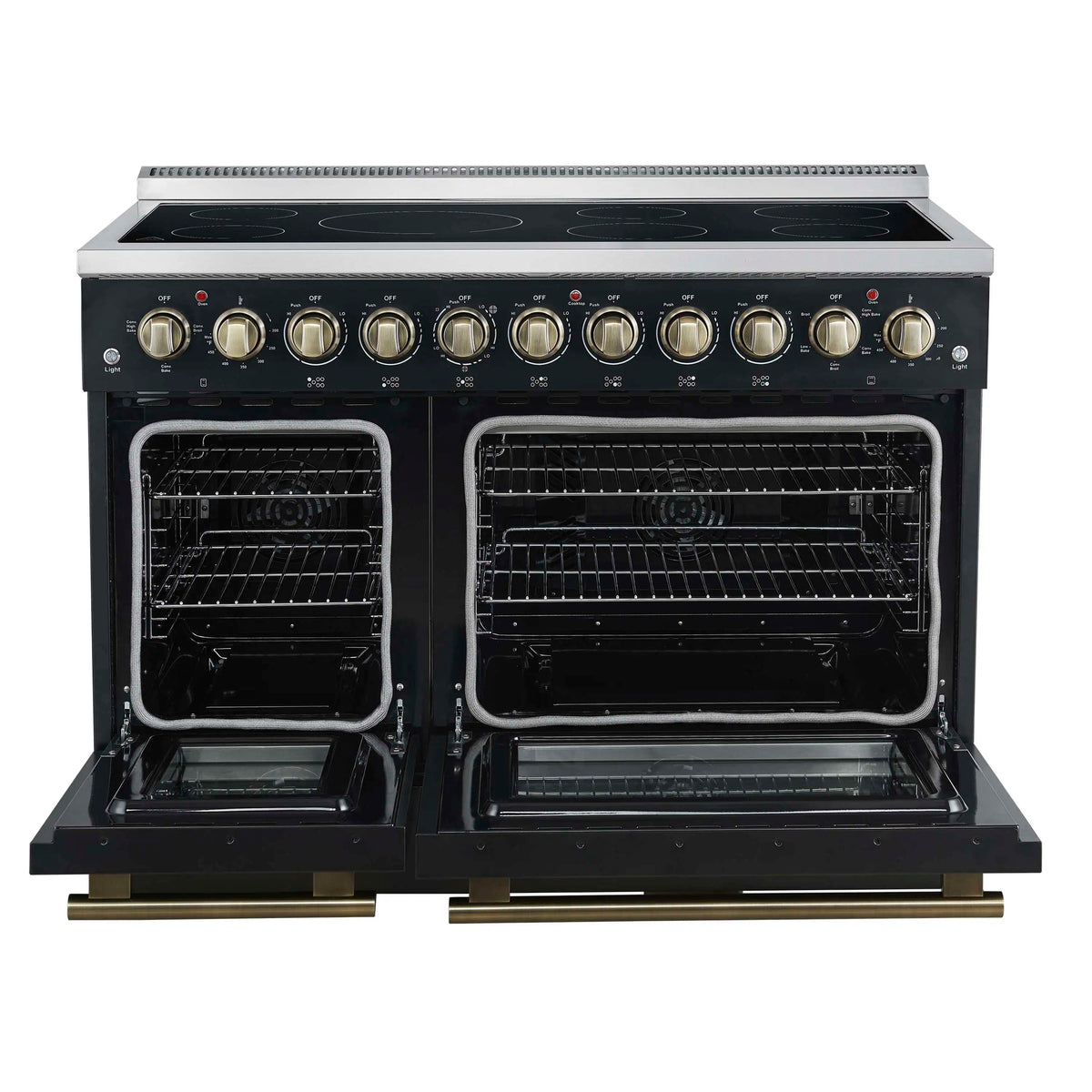 Forno 5-Piece Appliance Package - 48-Inch Electric Range, Wall Mount Range Hood, 60-Inch Refrigerator, Dishwasher, and 24-Inch Microwave Drawer in Black with Antique Brass Trim
