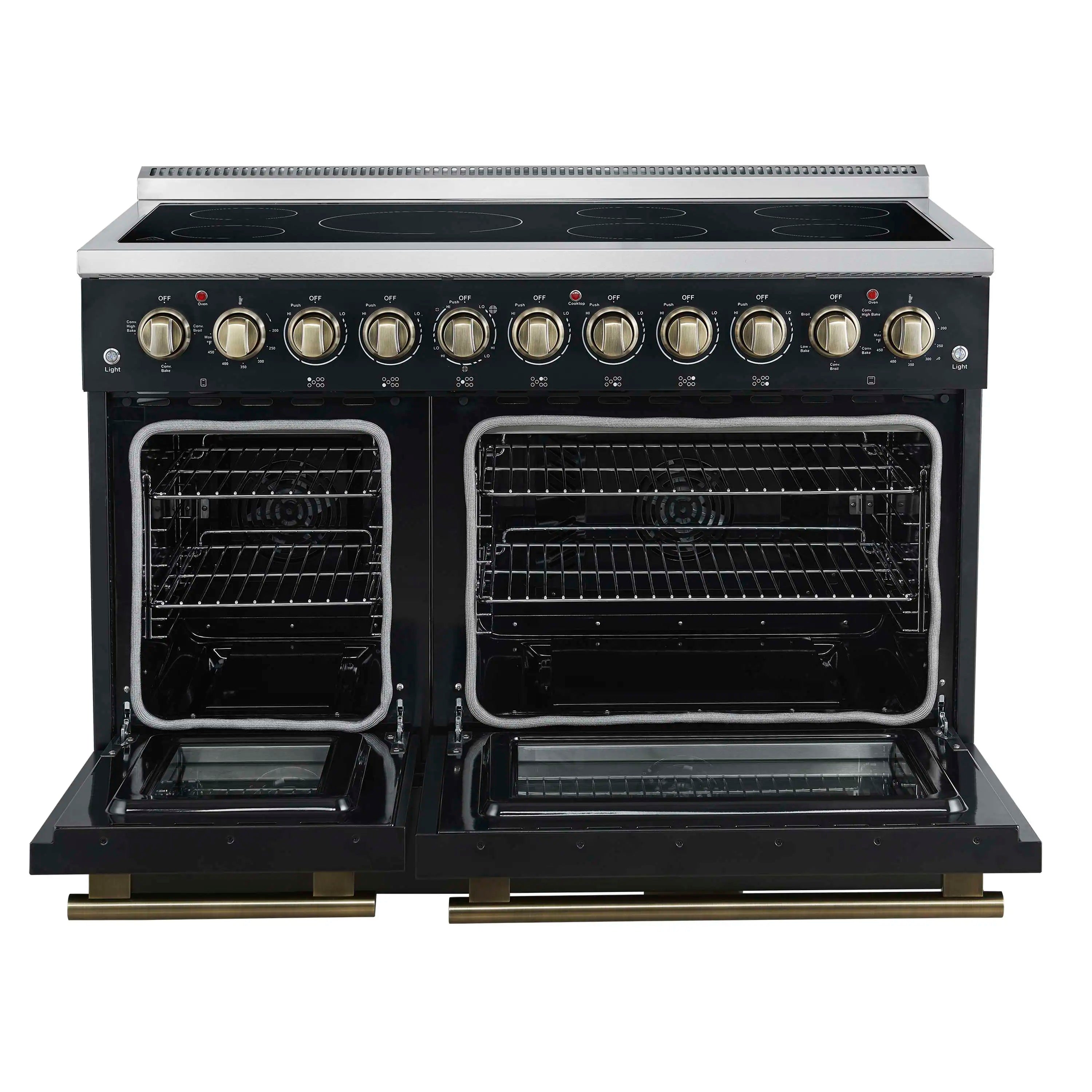 Forno Paolo 48-Inch Freestanding Electric Range with 6.7 Cu.Ft True Convection Oven in Black with Antique Brass Handle (FFSEL6011-48BLK)
