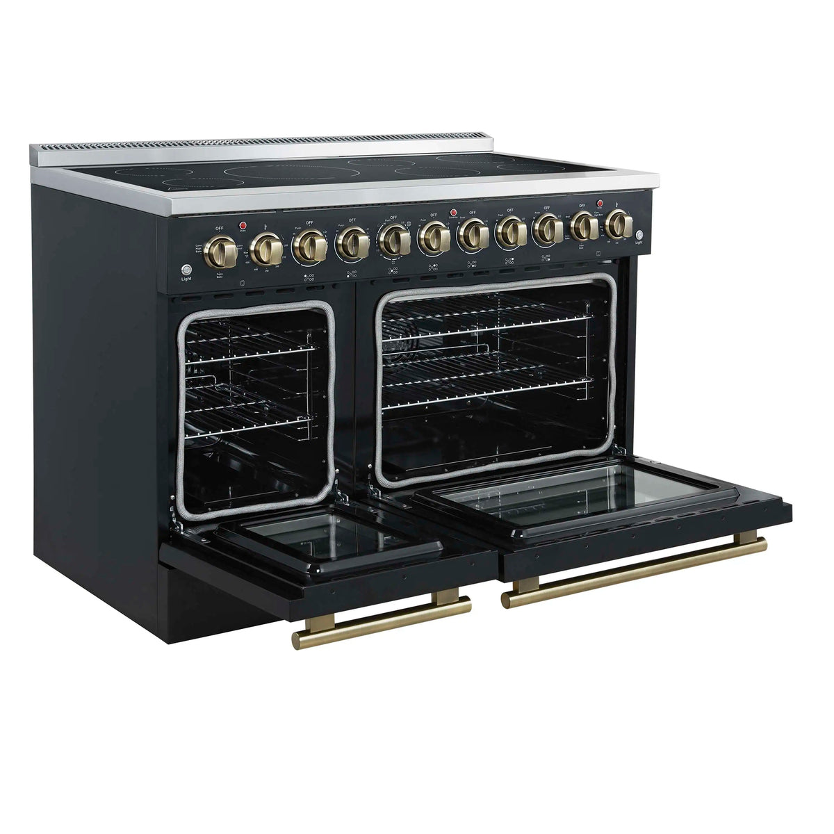 Forno 4-Piece Appliance Package - 48-Inch Electric Range, Wall Mount Range Hood, 60-Inch Refrigerator, and Dishwasher in Black with Antique Brass Trim