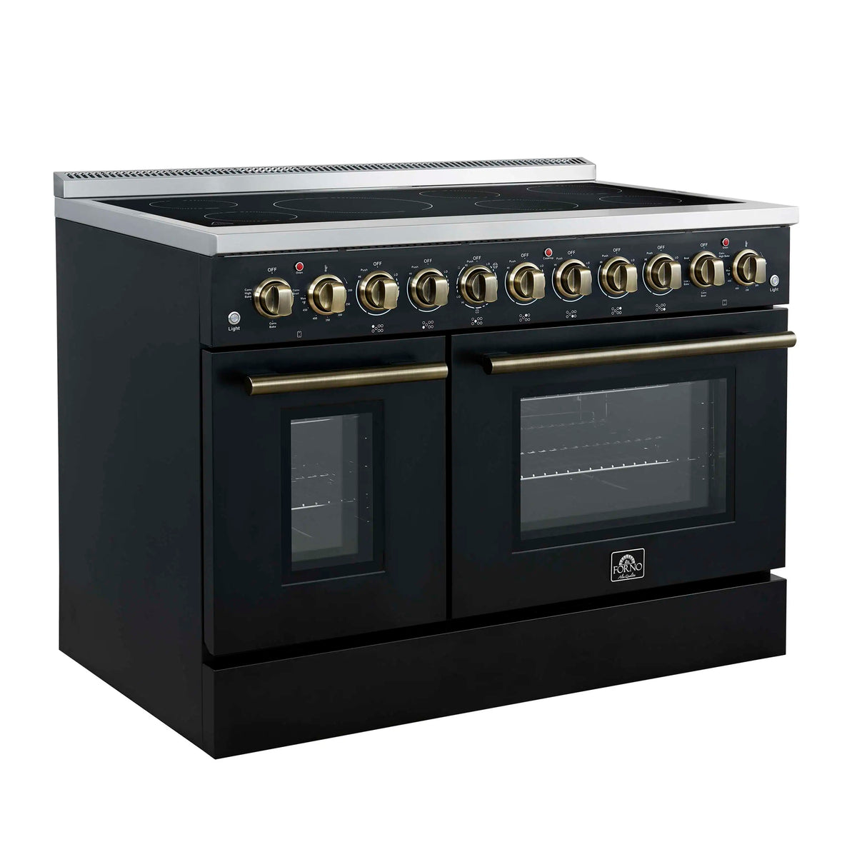Forno 3-Piece Appliance Package - 48-Inch Electric Range, Wall Mount Range Hood, and 36-Inch Refrigerator in Black with Antique Brass Trim