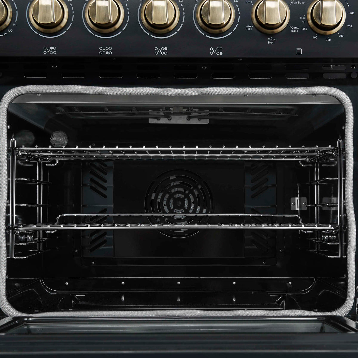 Forno 3-Piece Appliance Package - 48-Inch Electric Range, Wall Mount Range Hood, and 60-Inch Refrigerator in Black with Antique Brass Trim