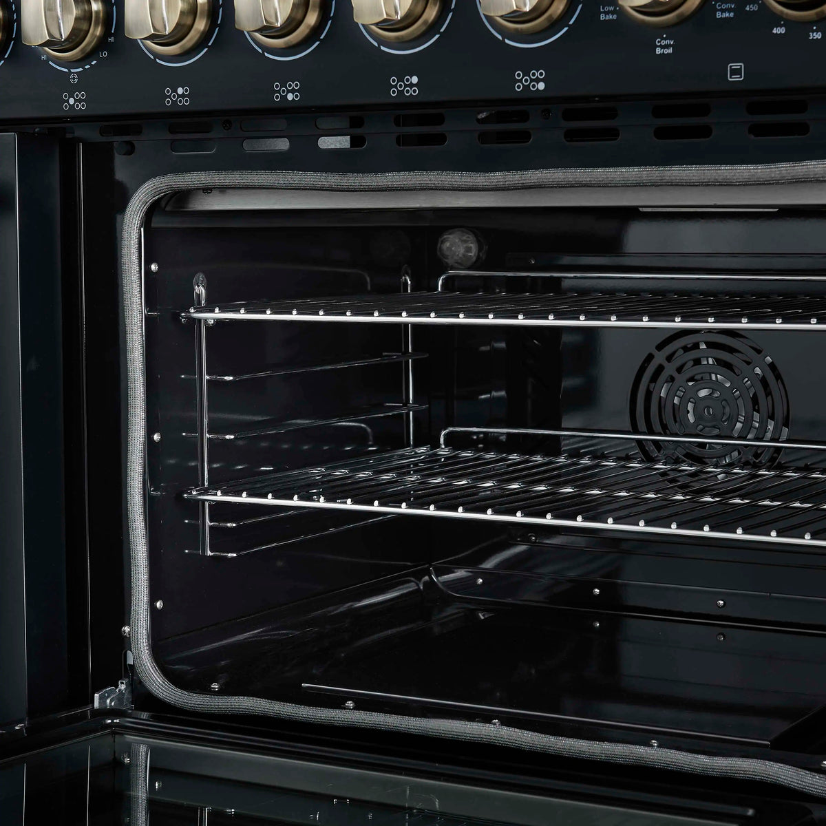 Forno 5-Piece Appliance Package - 48-Inch Electric Range, Wall Mount Range Hood, 36-Inch Refrigerator, Dishwasher, and 30-Inch Microwave Drawer in Black with Antique Brass Trim