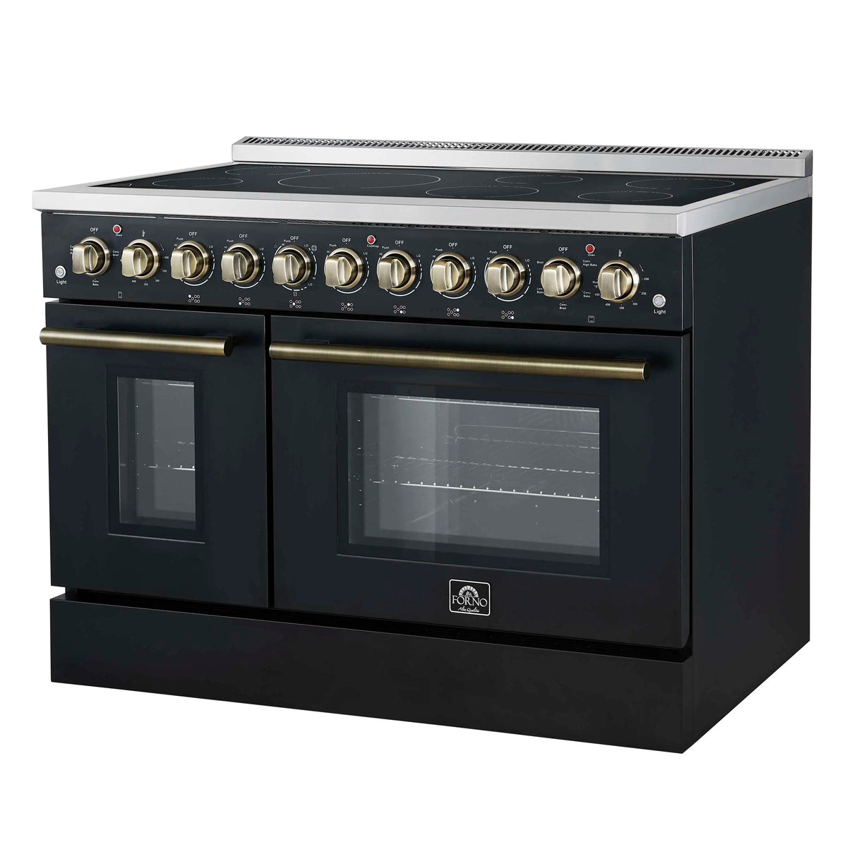 Forno 3-Piece Appliance Package - 48-Inch Electric Range, Wall Mount Range Hood, and 36-Inch Refrigerator in Black with Antique Brass Trim