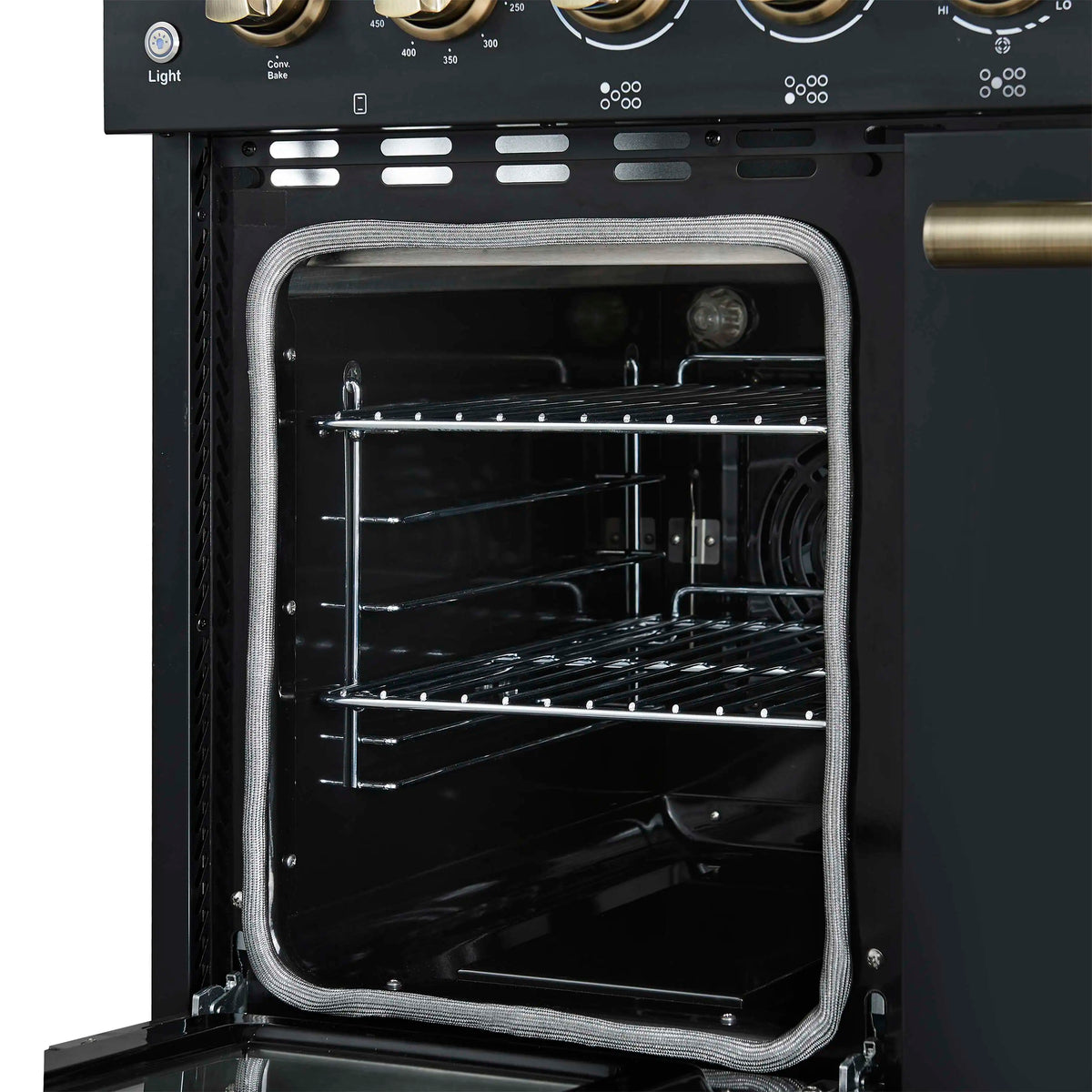 Forno 5-Piece Appliance Package - 48-Inch Electric Range, Wall Mount Range Hood, 36-Inch Refrigerator, Dishwasher, and 30-Inch Microwave Drawer in Black with Antique Brass Trim