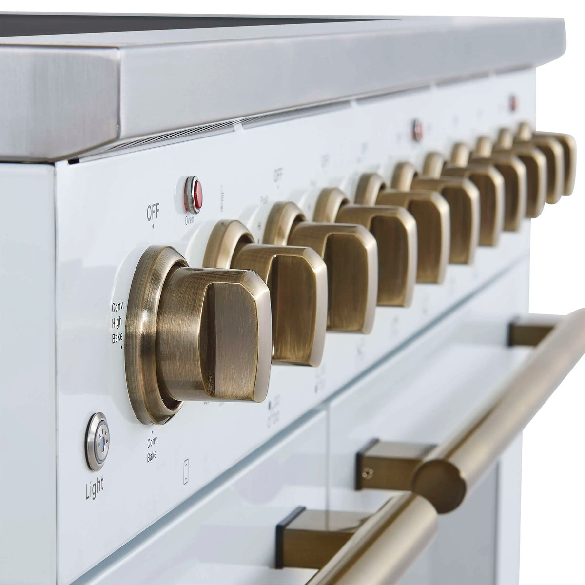 Forno 3-Piece Appliance Package - 48-Inch Electric Range, Wall Mount Range Hood, and 60-Inch Refrigerator in White with Antique Brass Trim