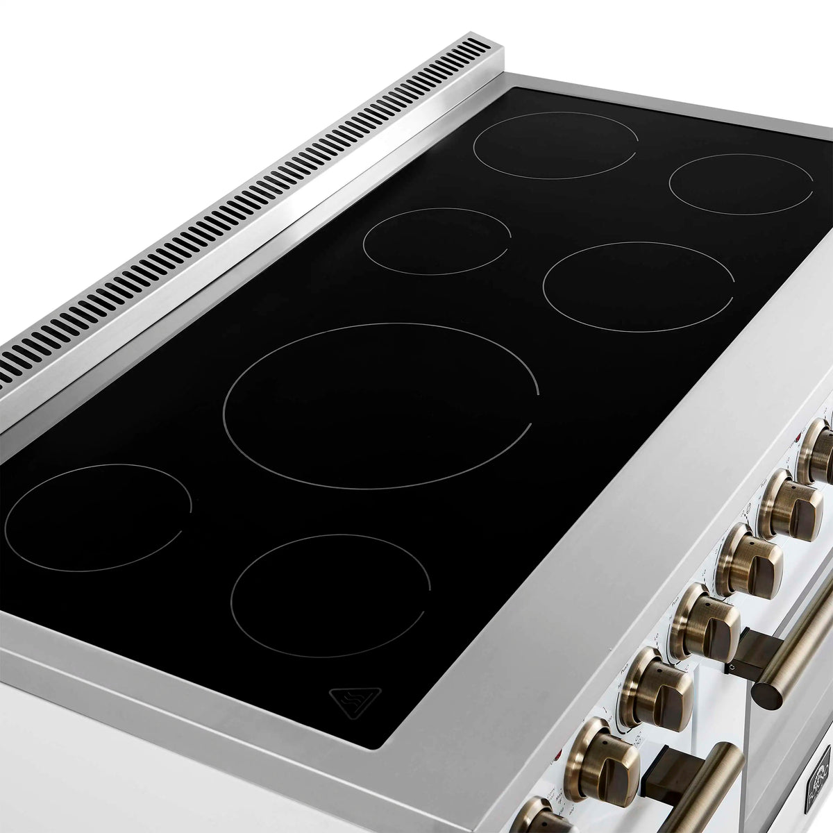 Forno 3-Piece Appliance Package - 48-Inch Electric Range, Wall Mount Range Hood, and 60-Inch Refrigerator in White with Antique Brass Trim