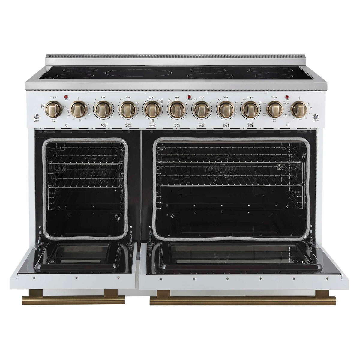 Forno 4-Piece Appliance Package - 48-Inch Electric Range, Wall Mount Range Hood, 36-Inch Refrigerator, and Dishwasher in White with Antique Brass Trim