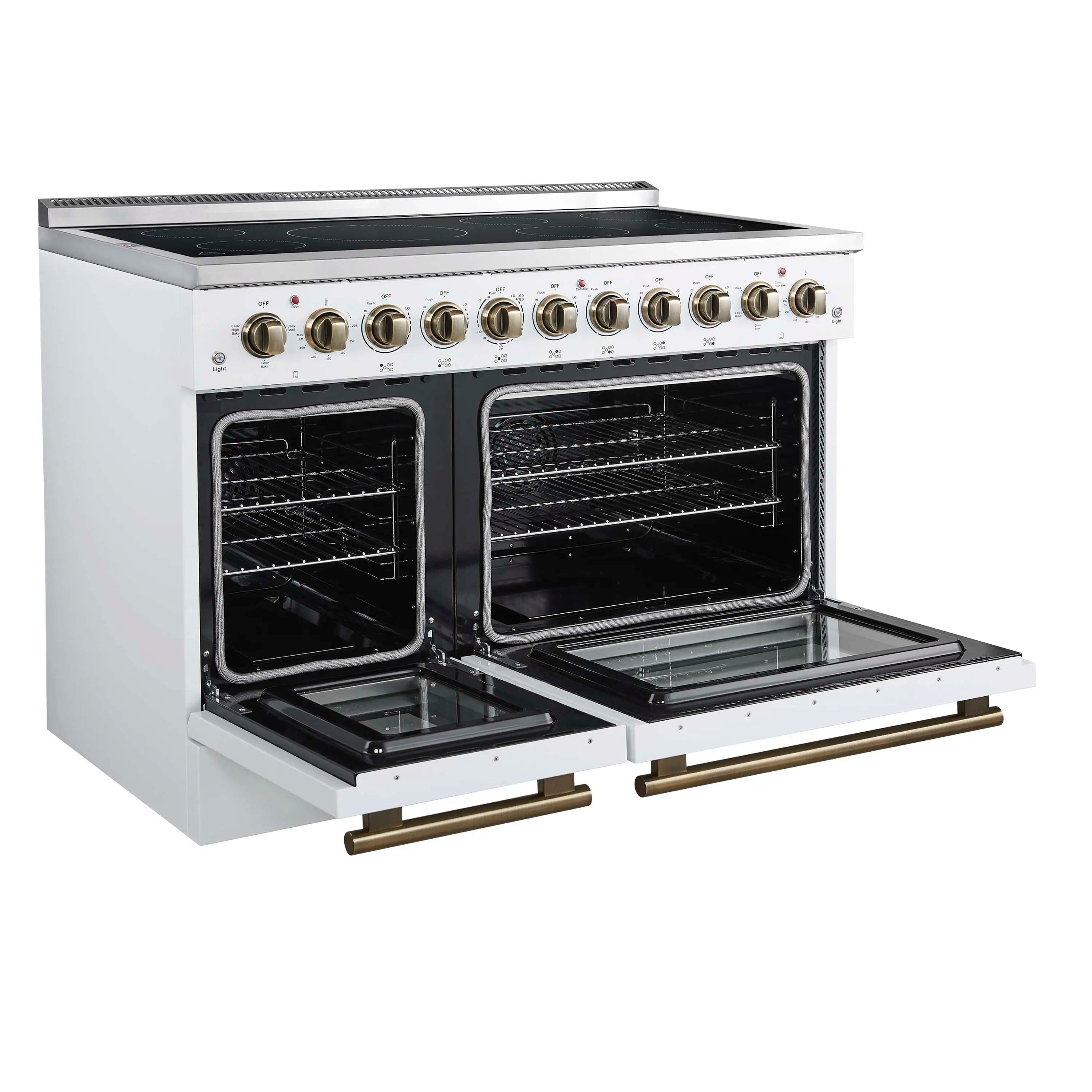 Forno Paolo 48-Inch Freestanding Electric Range with 6.7 Cu.Ft True Convection Oven in White with Antique Brass Handle  (FFSEL6011-48WHT)