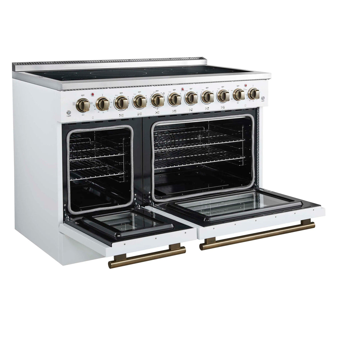 Forno 3-Piece Appliance Package - 48-Inch Electric Range, Wall Mount Range Hood, and 60-Inch Refrigerator in White with Antique Brass Trim