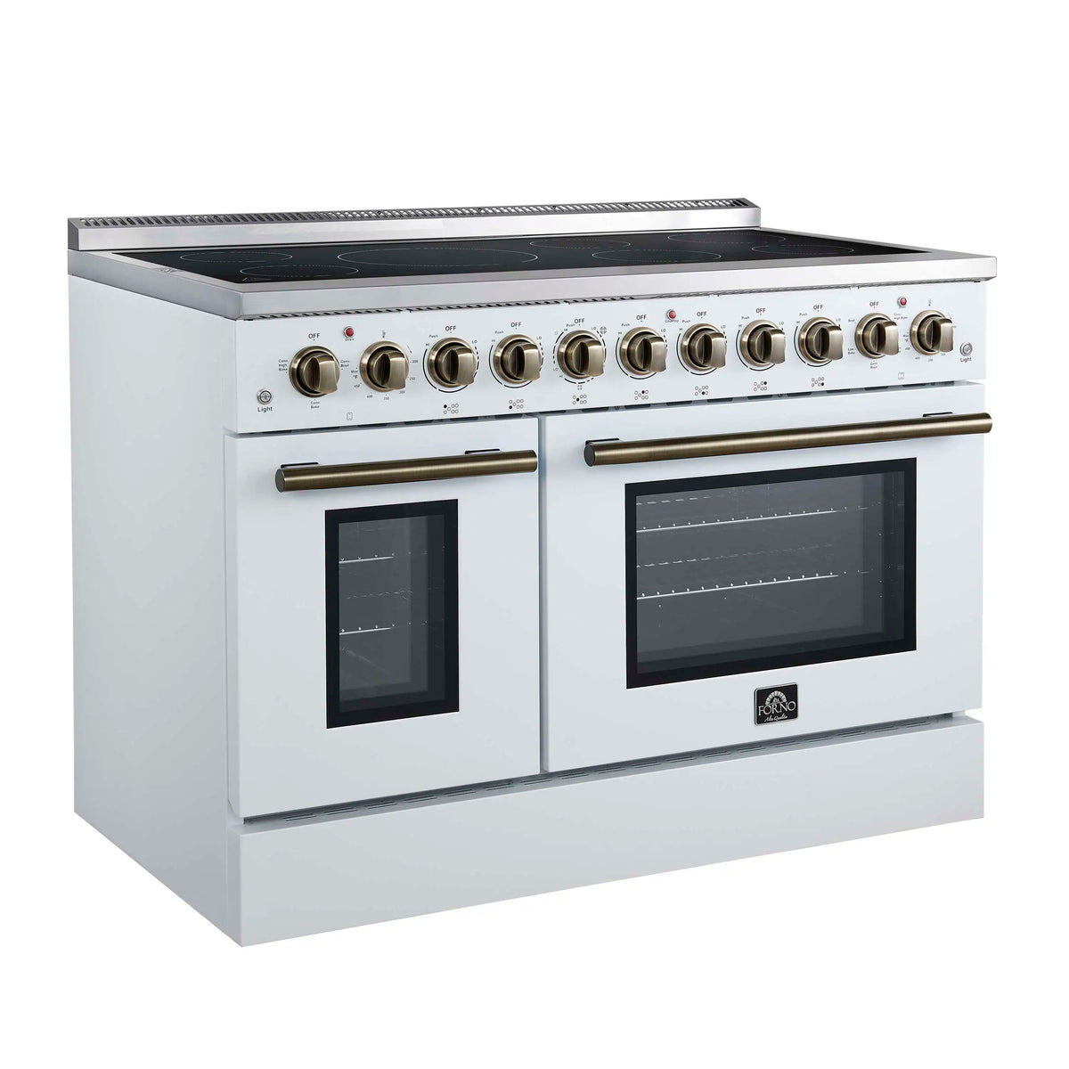 Forno 4-Piece Appliance Package - 48-Inch Electric Range, Wall Mount Range Hood, 36-Inch Refrigerator, and Dishwasher in White with Antique Brass Trim