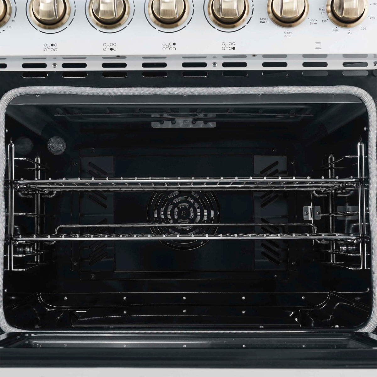 Forno 3-Piece Appliance Package - 48-Inch Electric Range, Wall Mount Range Hood, and 60-Inch Refrigerator in White with Antique Brass Trim