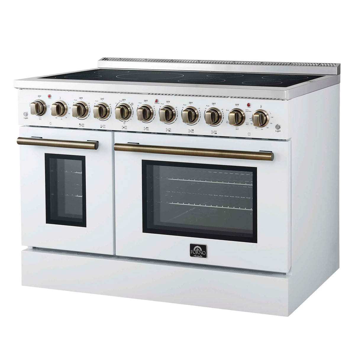 Forno 5-Piece Appliance Package - 48-Inch Electric Range, Wall Mount Range Hood, 60-Inch Refrigerator, Dishwasher, and 30-Inch Microwave Drawer in White with Antique Brass Trim