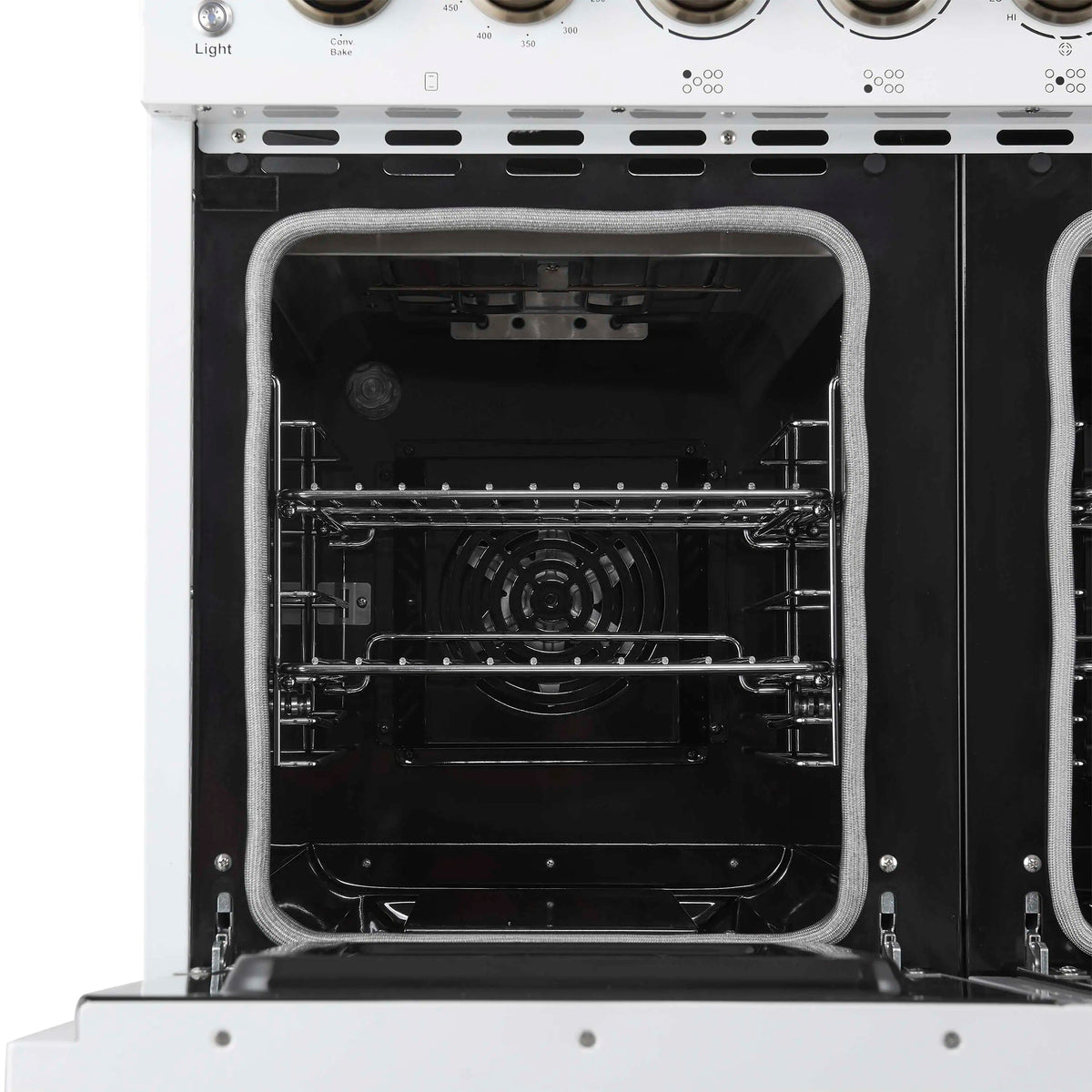Forno 4-Piece Appliance Package - 48-Inch Electric Range, Wall Mount Range Hood, 36-Inch Refrigerator, and Dishwasher in White with Antique Brass Trim