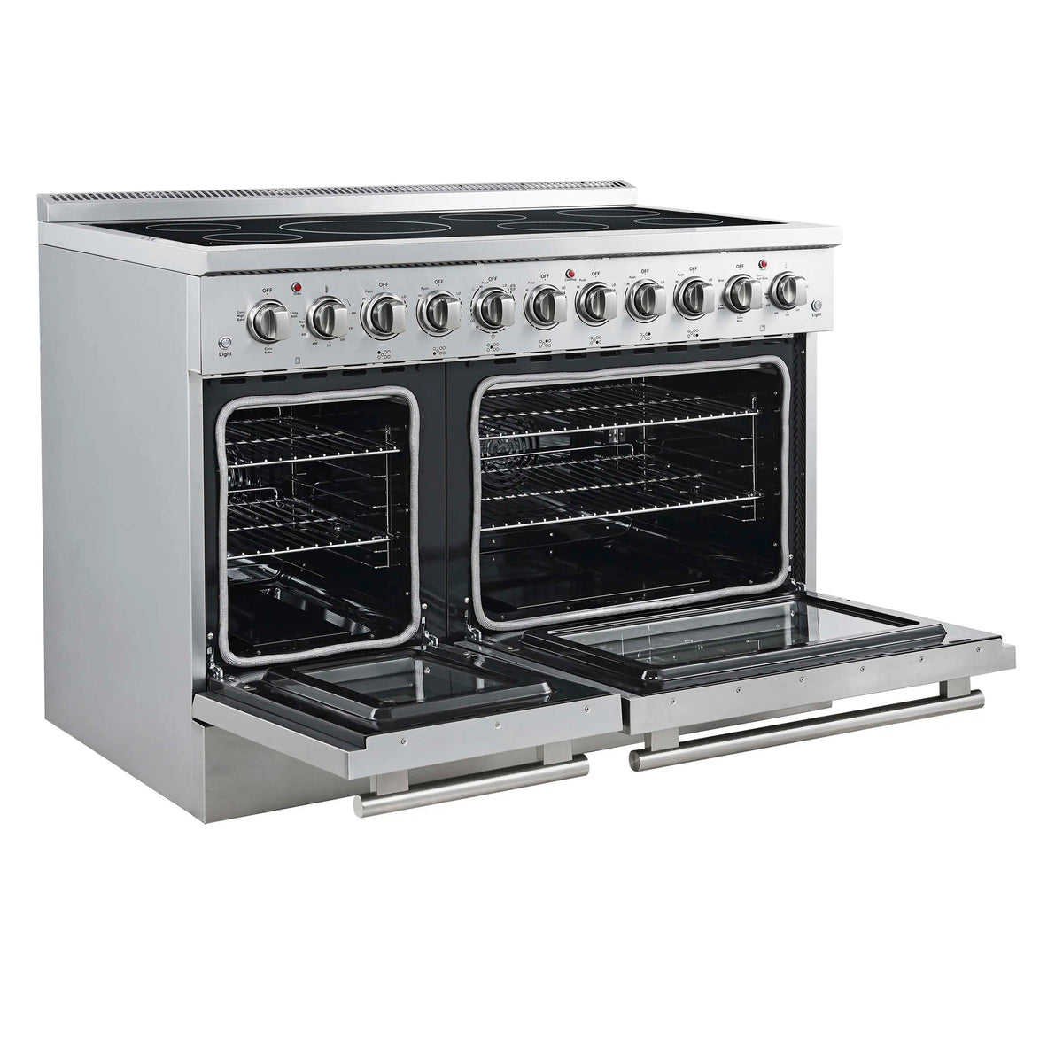 Forno 5-Piece Appliance Package - 48-Inch Electric Range, Wall Mount Range Hood, 36-Inch Refrigerator, Dishwasher, and 30-Inch Microwave Drawer in Stainless Steel