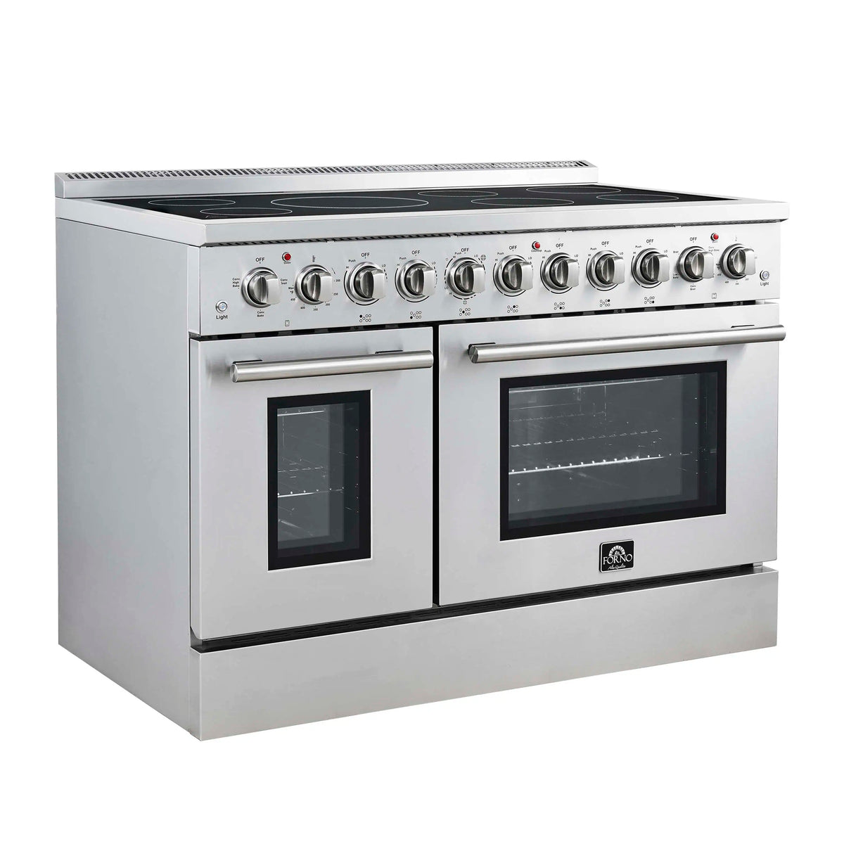 Forno 5-Piece Appliance Package - 48-Inch Electric Range, Wall Mount Range Hood, 36-Inch Refrigerator, Dishwasher, and 30-Inch Microwave Oven in Stainless Steel
