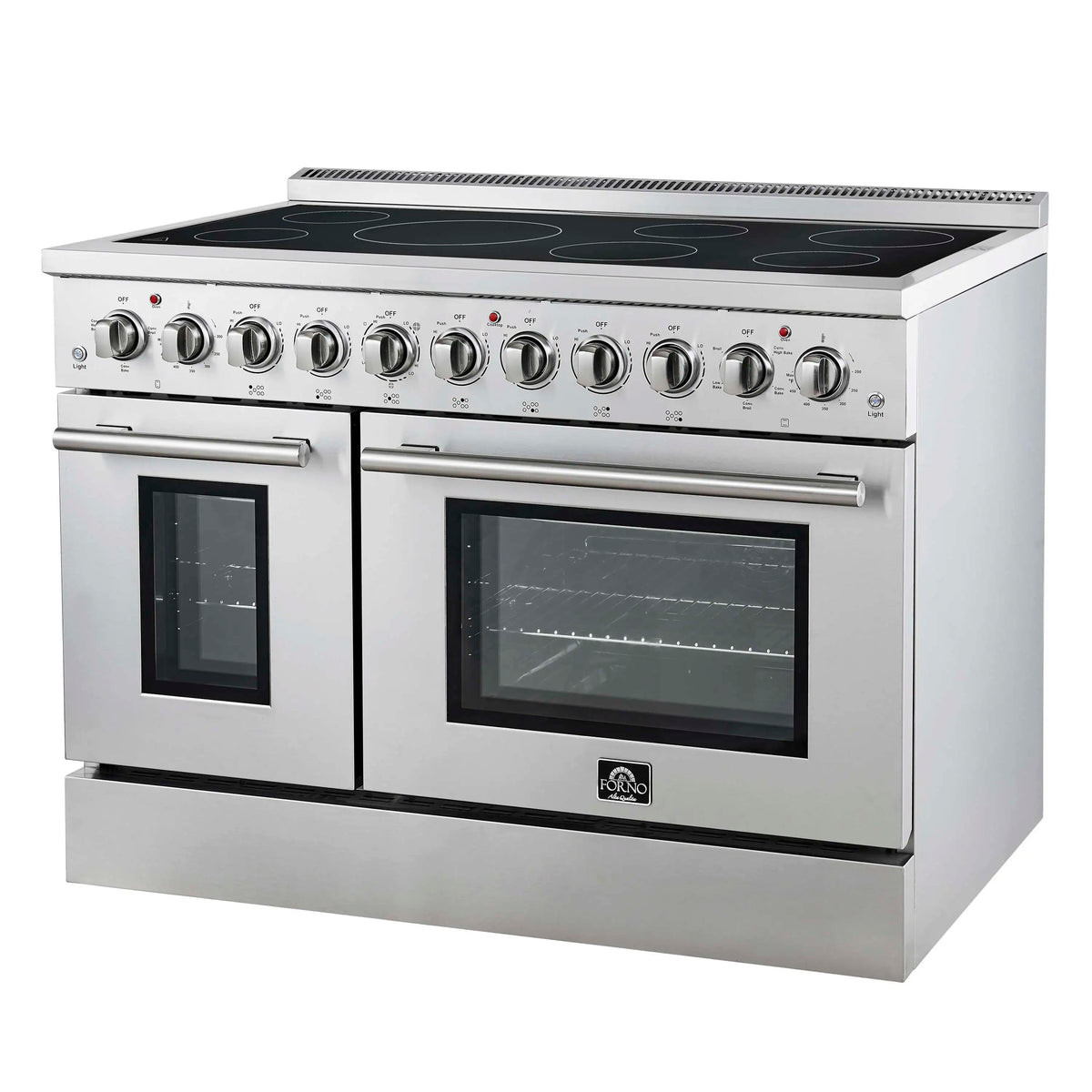 Forno 5-Piece Appliance Package - 48-Inch Electric Range, Wall Mount Range Hood, 36-Inch Refrigerator, Dishwasher, and 30-Inch Microwave Oven in Stainless Steel