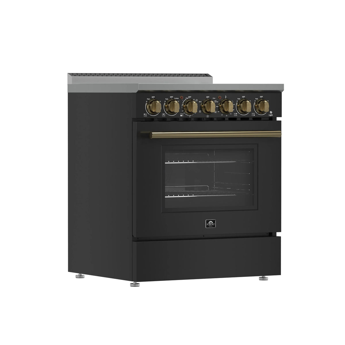Forno 4-Piece Appliance Package - 30-Inch Electric Range, Wall Mount Range Hood, 60-Inch Refrigerator, and Dishwasher in Black with Antique Brass Trim