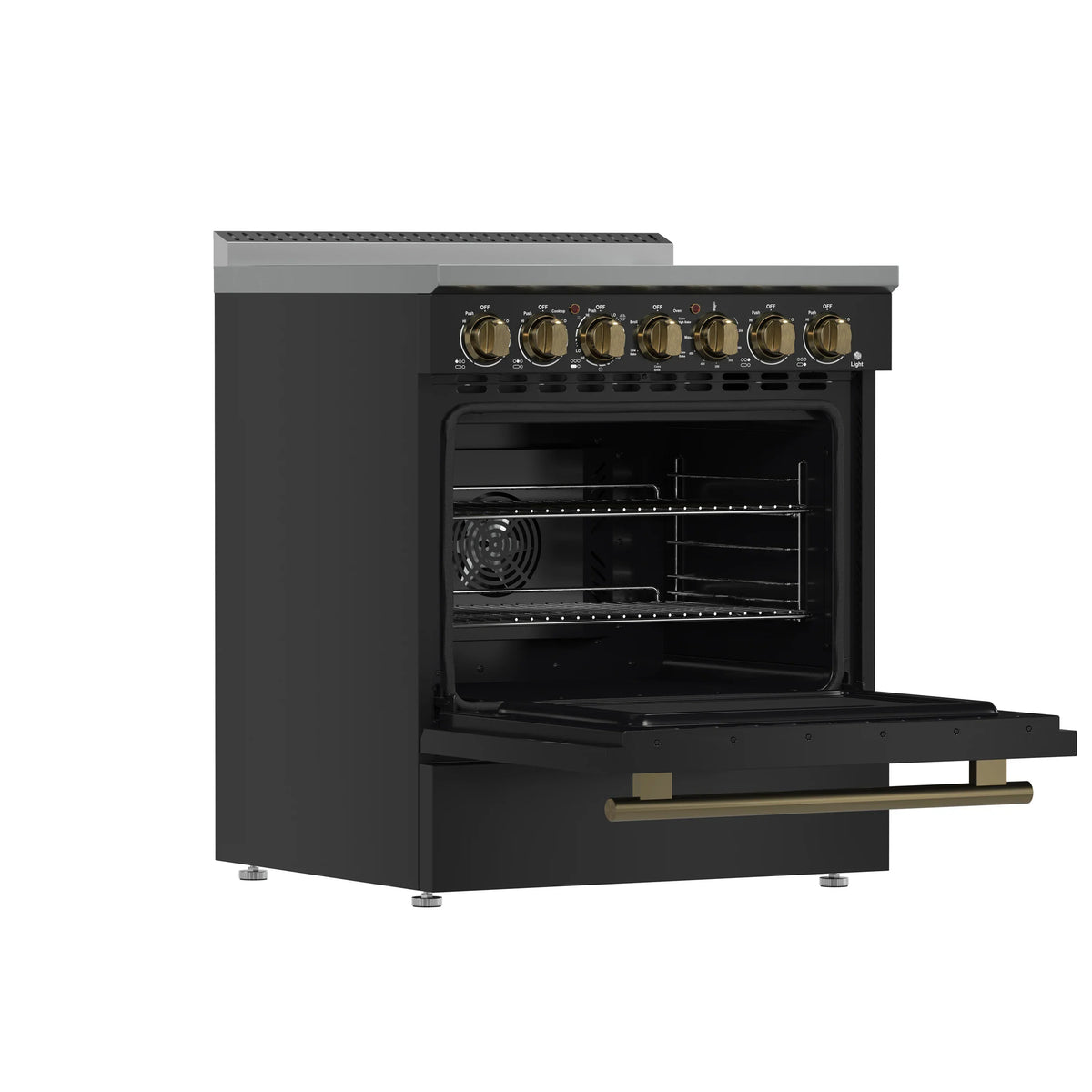 Forno 3-Piece Appliance Package - 30-Inch Electric Range, Wall Mount Range Hood, and 60-Inch Refrigerator in Black with Antique Brass Trim