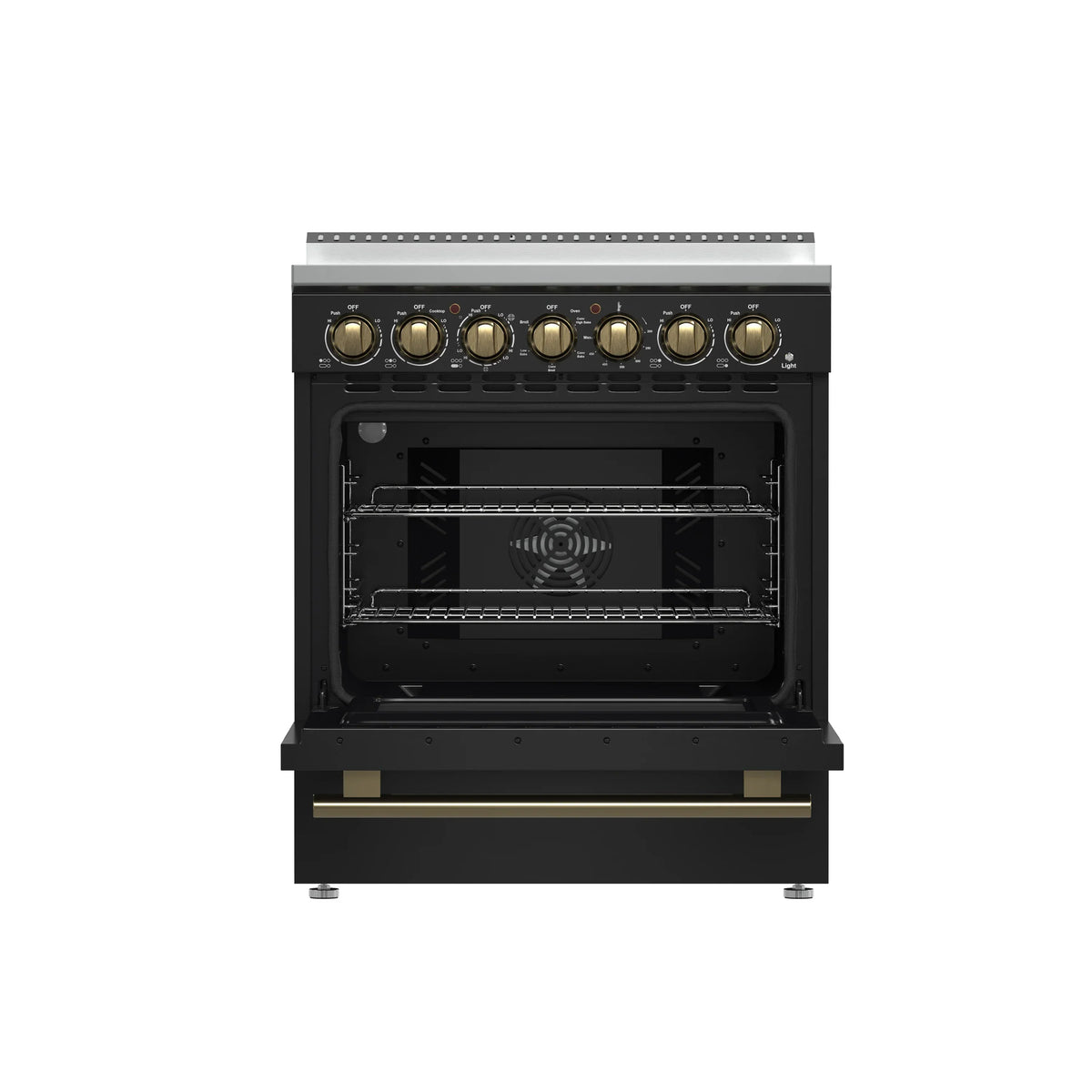 Forno 5-Piece Appliance Package - 30-Inch Electric Range, Wall Mount Range Hood, 36-Inch Refrigerator, Dishwasher, and 30-Inch Microwave Drawer in Black with Antique Brass Trim
