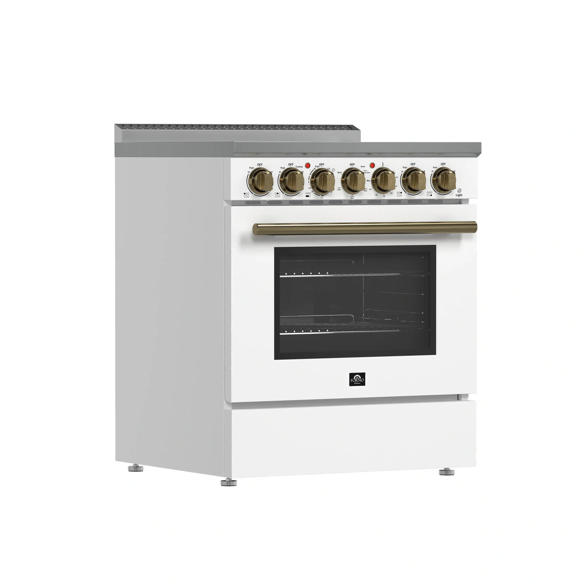 Forno 3-Piece Appliance Package - 30-Inch Electric Range, Wall Mount Range Hood, and 60-Inch Refrigerator in White with Antique Brass Trim