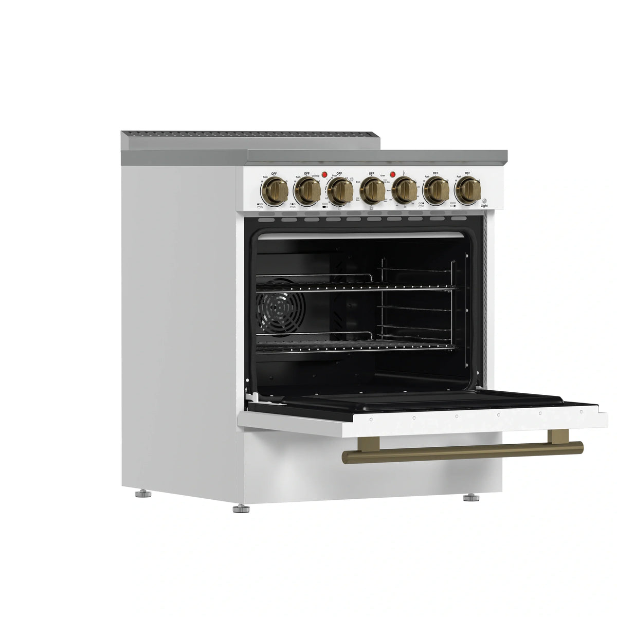 Forno 5-Piece Appliance Package - 30-Inch Electric Range, Wall Mount Range Hood, 60-Inch Refrigerator, Dishwasher, and 30-Inch Microwave Drawer in White with Antique Brass Trim