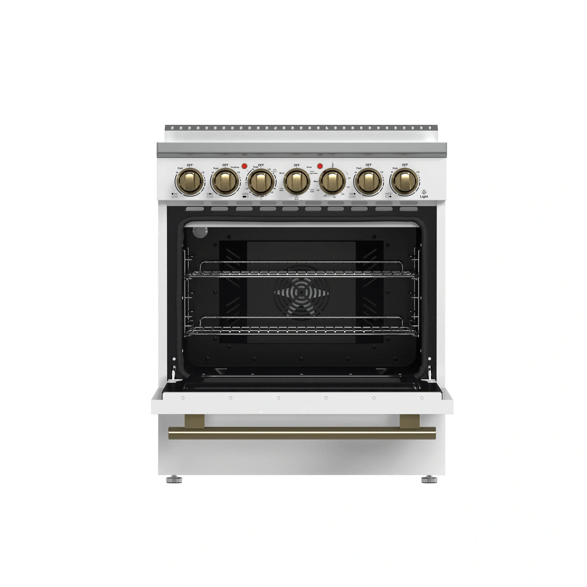 Forno 5-Piece Appliance Package - 30-Inch Electric Range, Wall Mount Range Hood, 36-Inch Refrigerator, Dishwasher, and 30-Inch Microwave Drawer in White with Antique Brass Trim