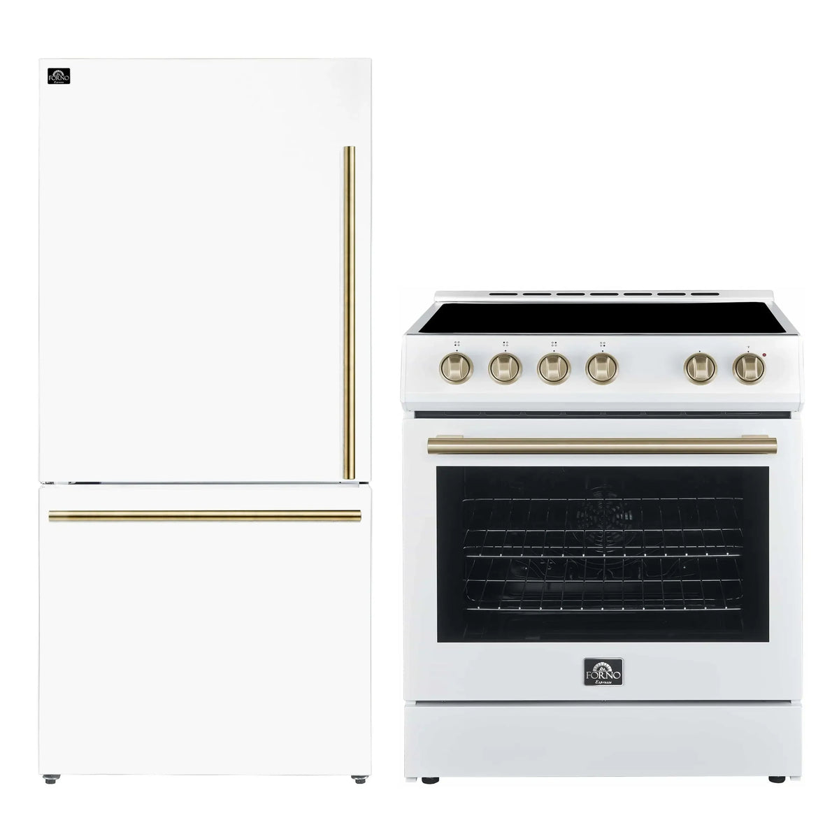 Forno 2-Piece Appliance Package - 30-Inch Electric Range and 31-Inch Refrigerator, Left Hinge in White with Antique Brass Trim (FBDL-003-08US)