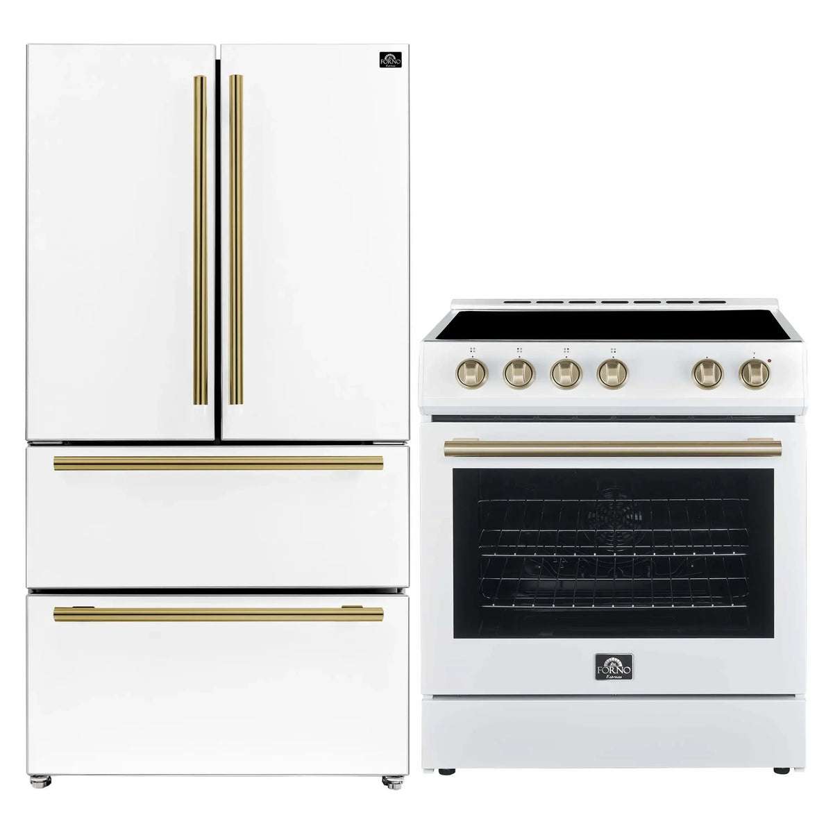 Forno 2-Piece Appliance Package - 30-Inch Electric Range and 36-Inch French Door Refrigerator in White with Antique Brass Trim (FBDL-003-09US)
