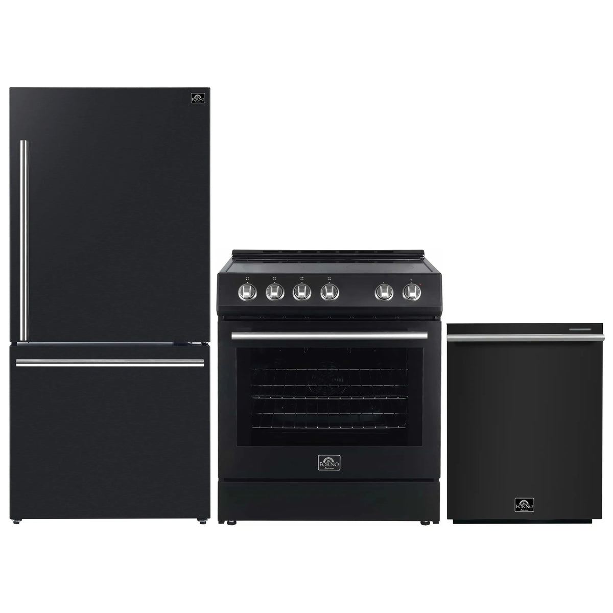Forno 3-Piece Appliance Package - 30-Inch Leonardo Espresso Electric Range, Refrigerator, & Dishwasher in Black with Stainless Steel Trim (FBDL-007-02US)