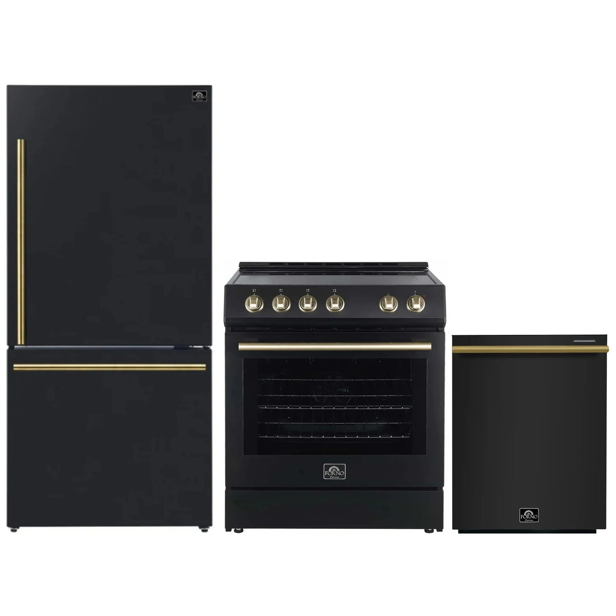 Forno 3-Piece Appliance Package - 30-Inch Leonardo Espresso Electric Range, Refrigerator, & Dishwasher in Black with Antique Brass Trim (FBDL-007-02US)
