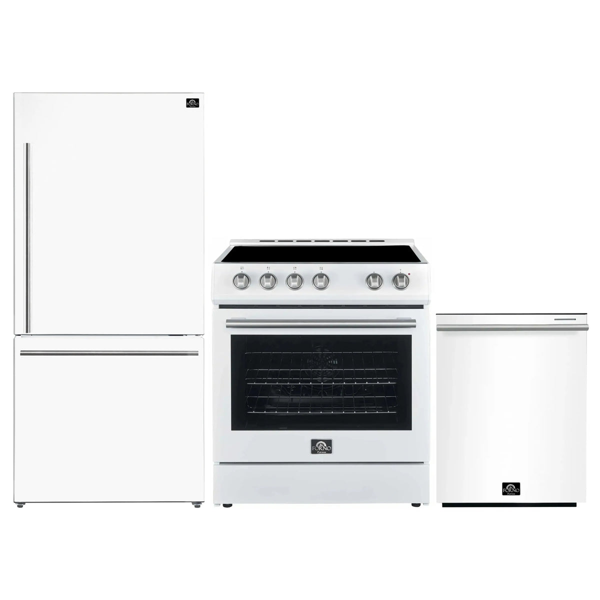 Forno 3-Piece Appliance Package - 30-Inch Leonardo Espresso Electric Range, Refrigerator, & Dishwasher in White with Stainless Steel Trim (FBDL-007-03US)