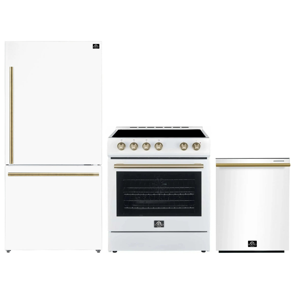 Forno 3-Piece Appliance Package - 30-Inch Leonardo Espresso Electric Range, Refrigerator, & Dishwasher in White with Antique Brass Trim (FBDL-007-03US)