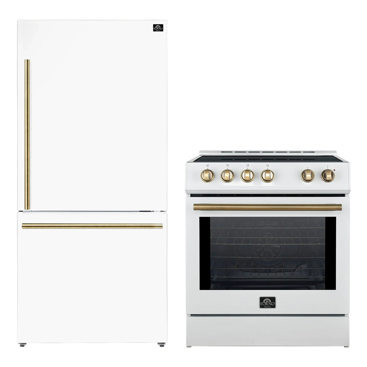 Forno 2-Piece Appliance Package - 30-Inch Slide-In Induction Range and 31-Inch Refrigerator, Right Hinge in White with Antique Brass Trim (FBDL-014-06CAUS)