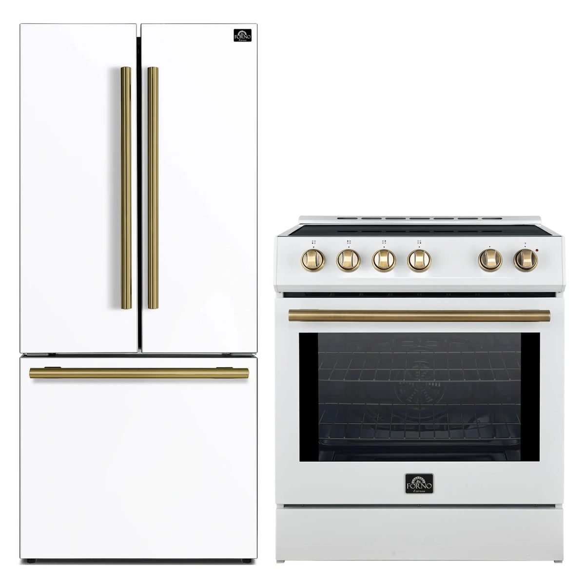 Forno 2-Piece Appliance Package - 30-Inch Slide-In Induction Range and 30-Inch French Door Refrigerator in White with Antique Brass Trim (FBDL-014-10CAUS)
