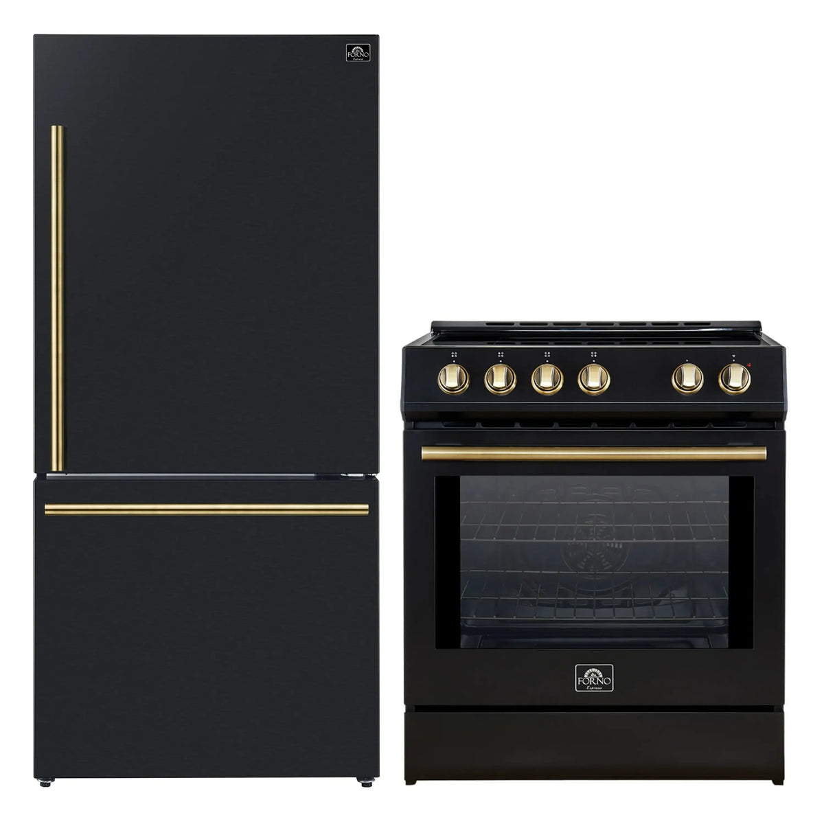 Forno 2-Piece Appliance Package - 30-Inch Slide-In Induction Range and 31-Inch Refrigerator, Right Hinge in Black with Antique Brass Trim (FBDL-014-11CAUS)