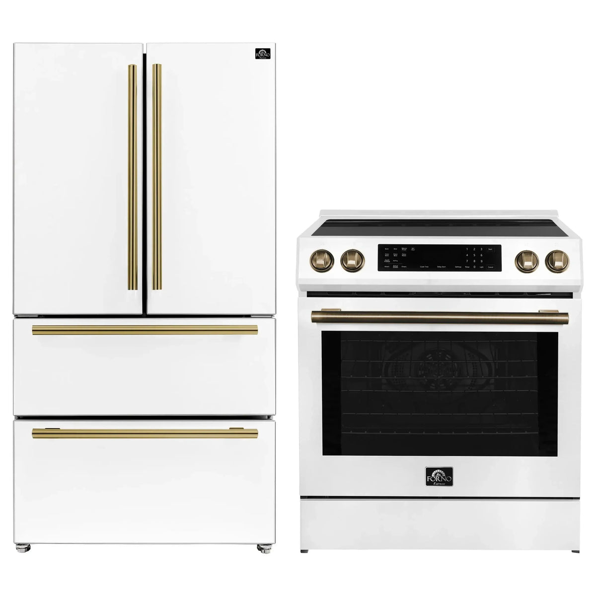 Forno 2-Piece Appliance Package - 30-Inch Induction Range and 36-Inch French Door Refrigerator in White with Antique Brass Trim (FBDL-015-08CAUS)