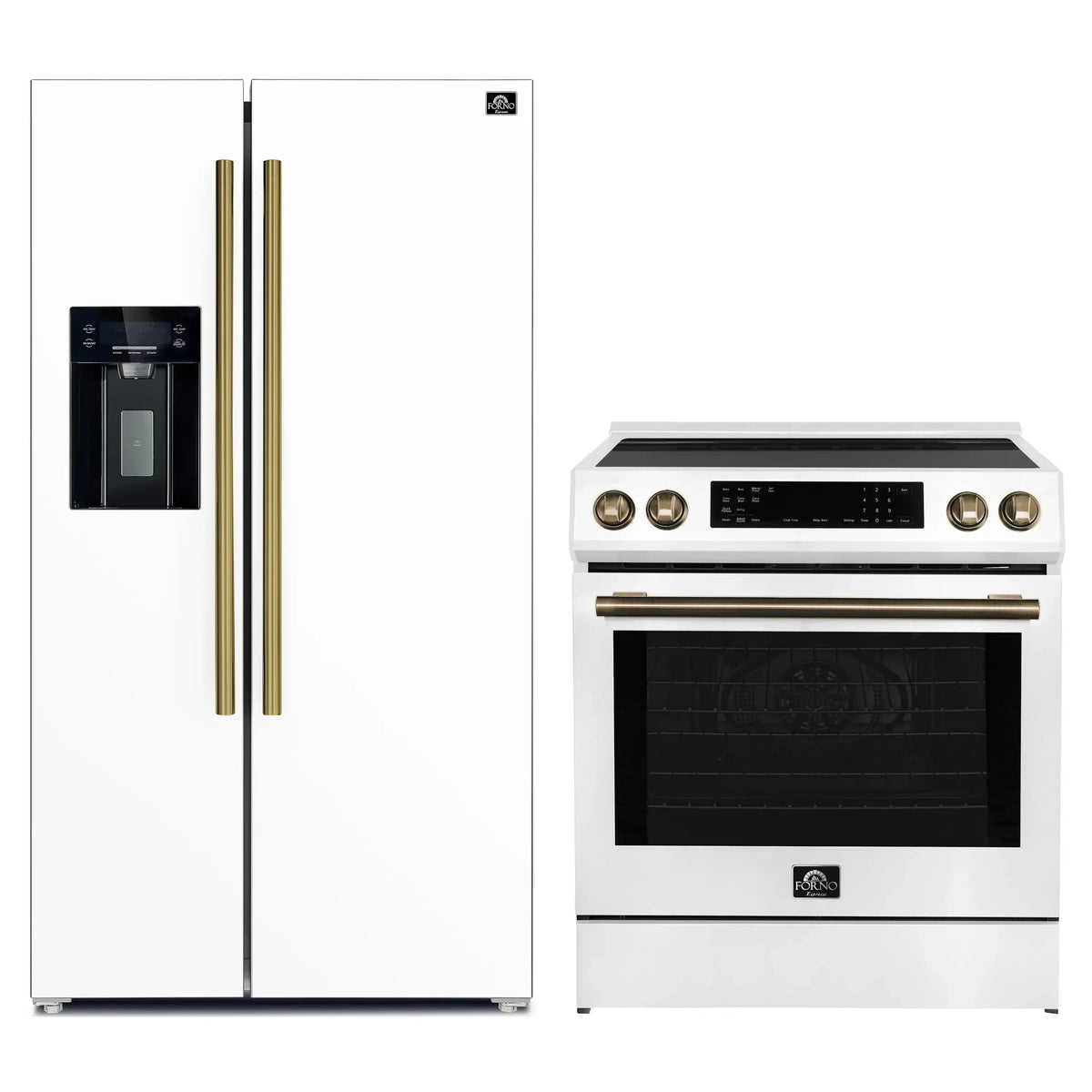 Forno 2-Piece Appliance Package - 30-Inch Induction Range and 36-Inch Side by Side Refrigerator with Water Dispenser in White with Antique Brass Trim (FBDL-015-09CAUS)