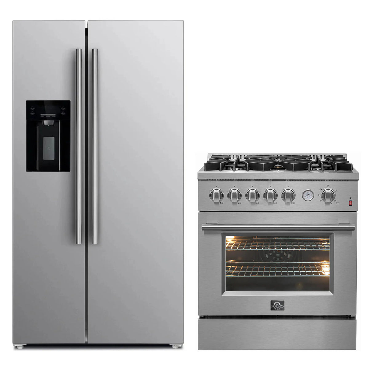 FORNO 2-Piece Appliance Package- 30-Inch Gas Range and 36-Inch Refrigerator with Water Dispenser in Stainless Steel (FBDL-020-03CAUS)
