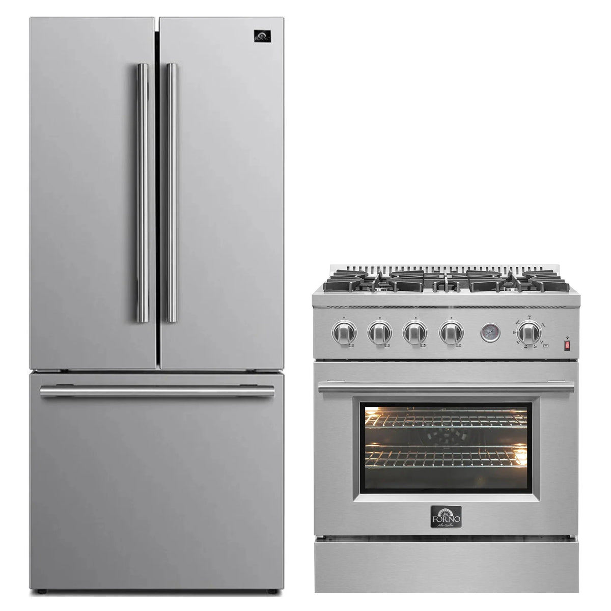 FORNO 2-Piece Appliance Package- 30-Inch Gas Range and 30-Inch French Door Refrigerator in Stainless Steel (FBDL-021-02CAUS)