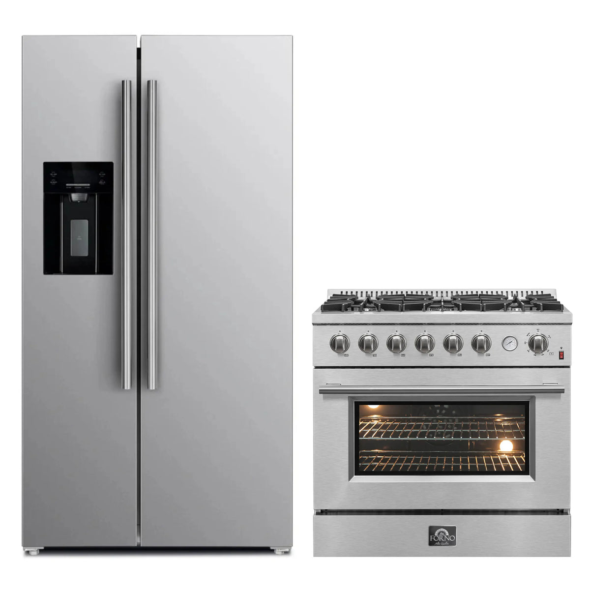 FORNO 2-Piece Appliance Package- 36-Inch Gas Range and 36-Inch Refrigerator with Water Dispenser in Stainless Steel (FBDL-021-03CAUS)