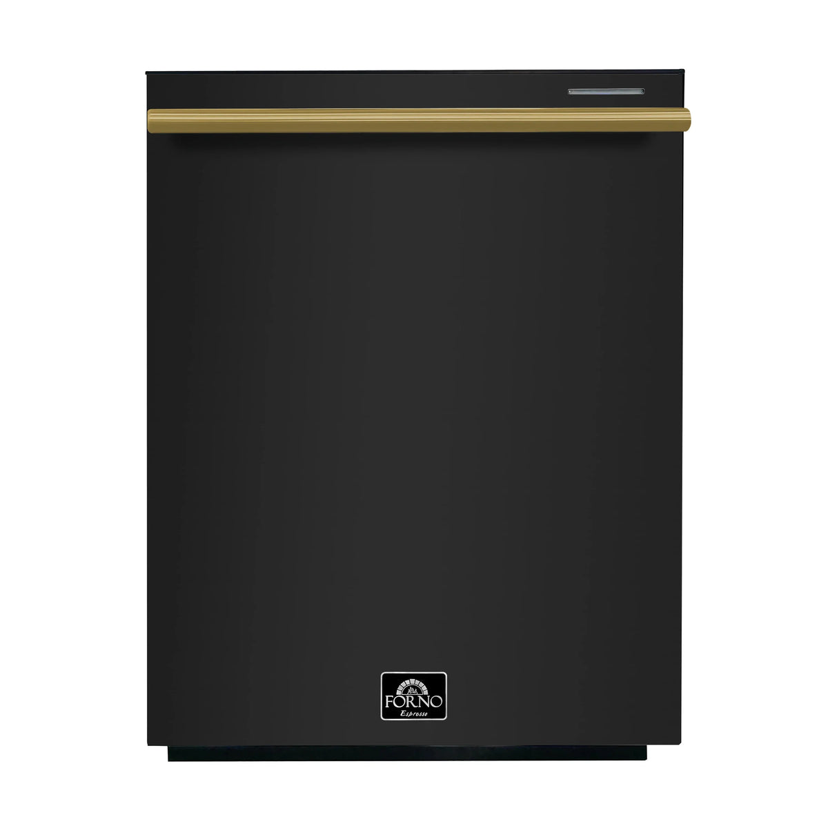 Forno 5-Piece Appliance Package - 30-inch Gas Range, Hood, Refrigerator, Dishwasher and 30-Inch Microwave Drawer in Black with Antique Brass Trim