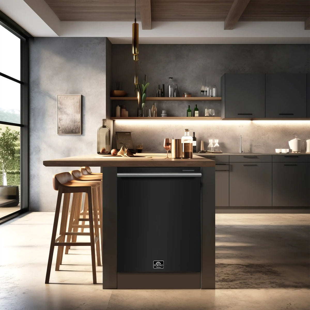 Forno Espresso 4-Piece Appliance Package - 30-Inch Electric Range, Under Cabinet Range Hood, Refrigerator and Dishwasher in Black with Stainless Steel Trim